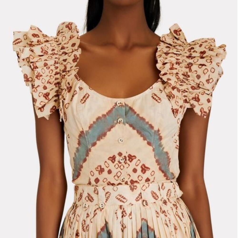Ulla Johnson Boho Ruffle Blouse Cream Brown Print Puff Sleeve Size M